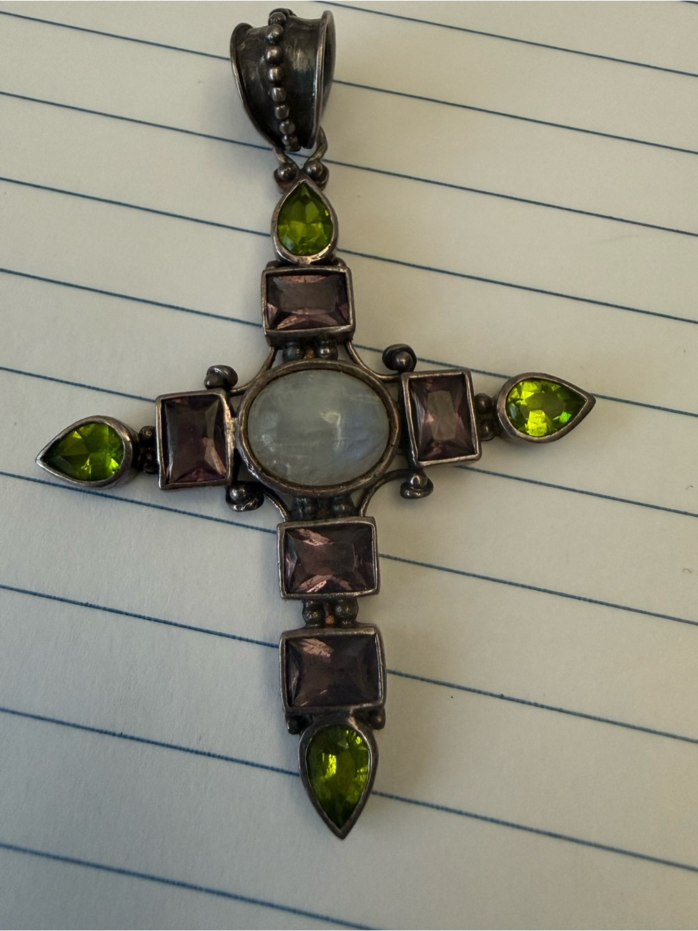 Sterling Cross Pendant with Green and Purple Gemstones